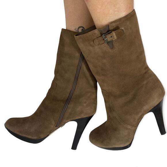 Brown suede mid calf boots, Anne Klein womens 7.5 brown hi heel platform bootie - Picture 14 of 14
